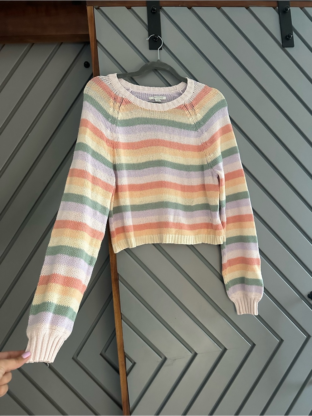 American Eagle Outfitters Pastel Rainbow Striped Cropped Crewneck Sweater